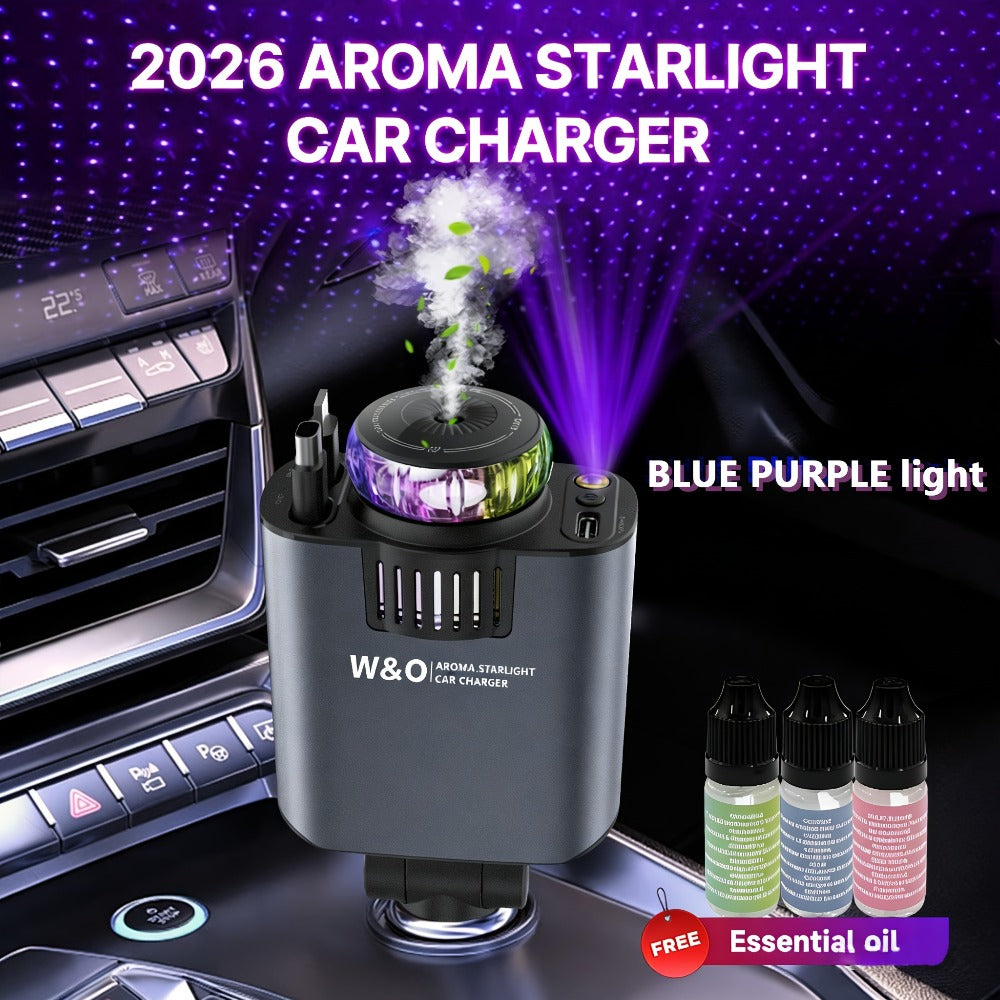 3-in-1 Car Charger Starlight Projector & Aroma Diffuser USB-C Port 2.6ft Retractable Cable Fast Charging Car Phone Charger with Blue Red