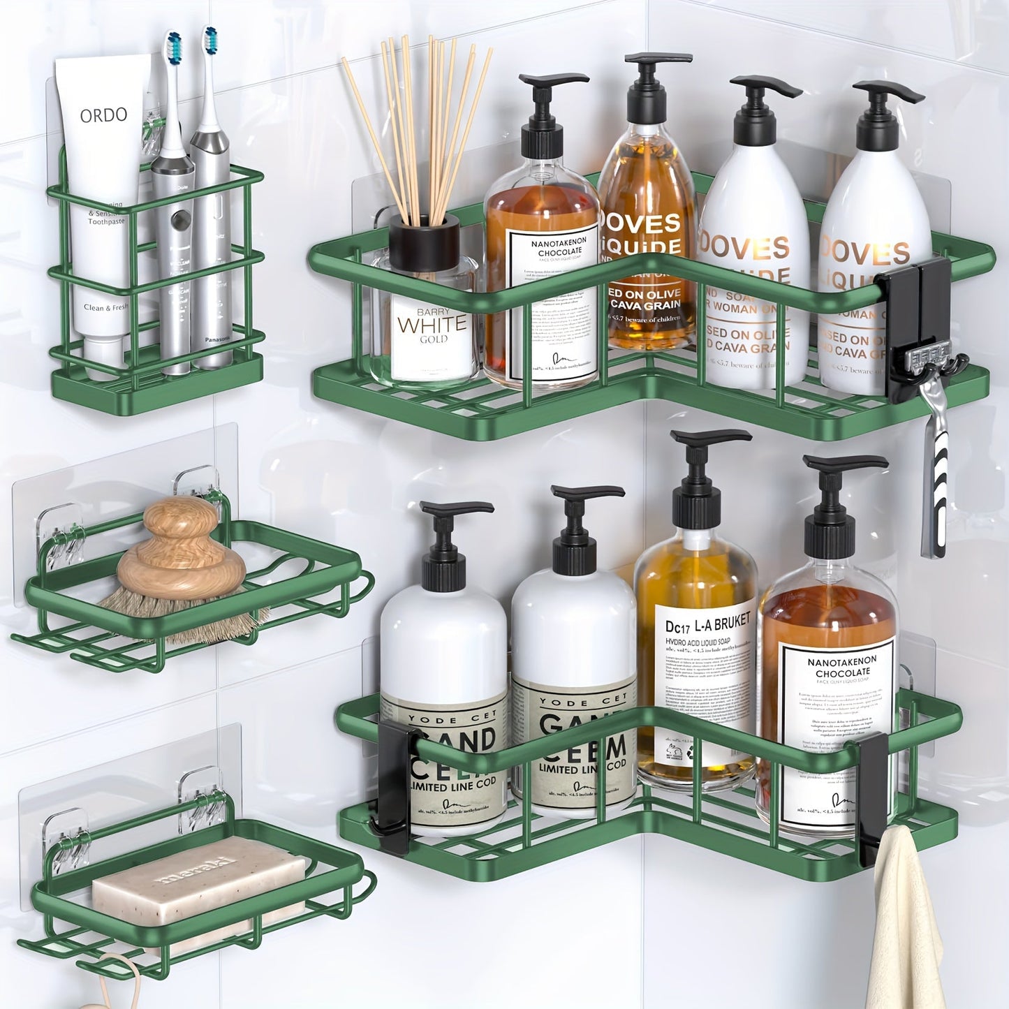 Corner Shower Caddy 5 Pack with Soap Holder & 4 Removable Hooks – Rustproof No Drill Shower Shelf Organizer for Inside Shower