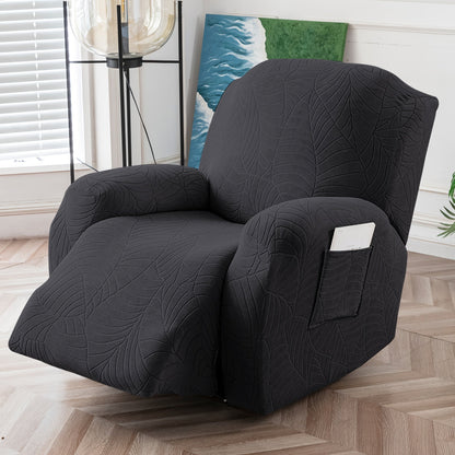 Recliner Chair Cover Slipcover 4-Piece Set – Leaf Jacquard Stretch Furniture Protector with Storage Pocket