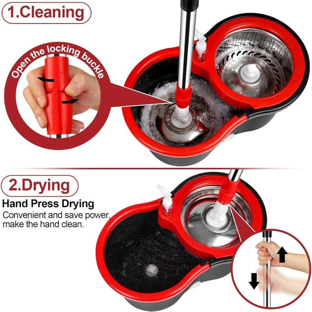 Spin Mop and Bucket with Wringer Set, 360° Spinning Mop System, 4 Microfiber Replacement Heads, Stainless Steel Adjustable Handle