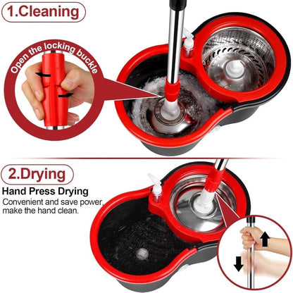 Spin Mop and Bucket with Wringer Set, 360° Spinning Mop System, 4 Microfiber Replacement Heads, Stainless Steel Adjustable Handle