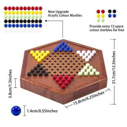 Deluxe Wooden Chinese Checkers Game Set 12.5 Inch Hexagonal Board with Storage Drawer 60 Acrylic Marbles