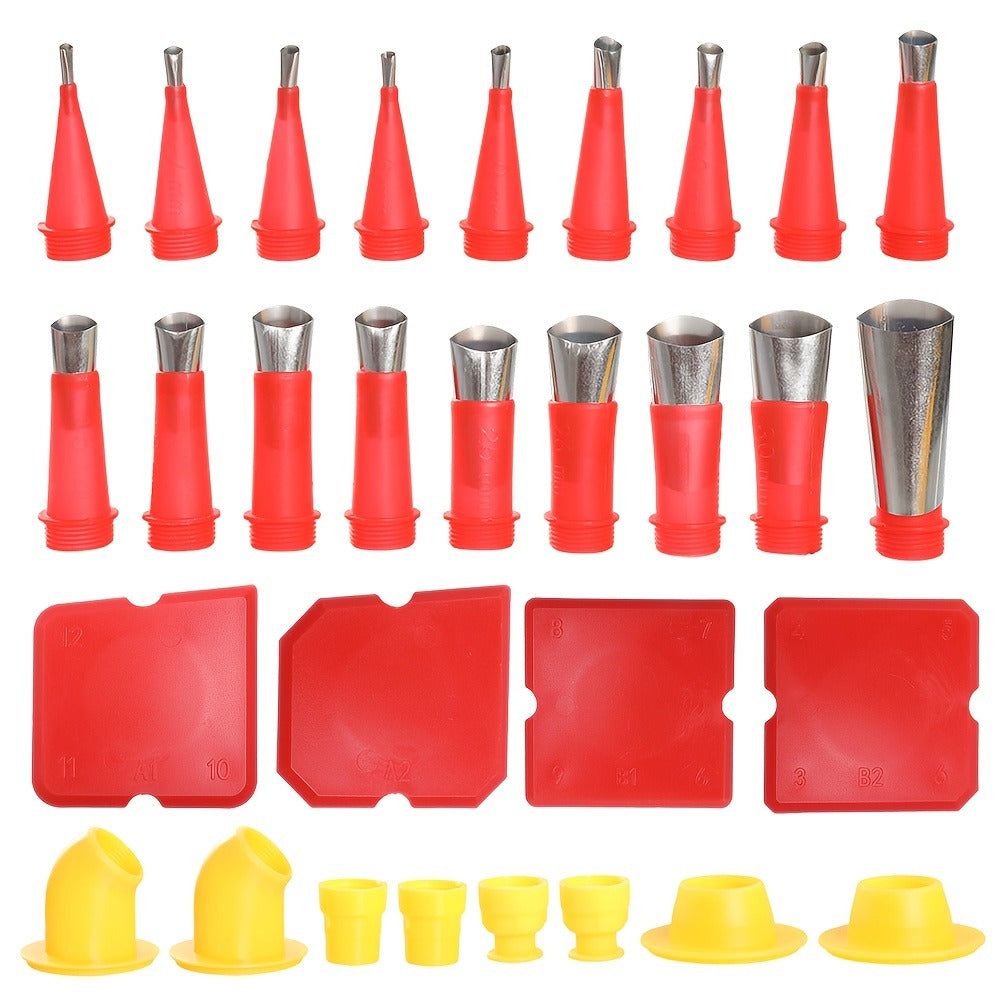 Caulking Tool Kit 30 Piece | 16 Reusable Nozzle Tips 8 Connectors 4 Grout Scrapers Stainless Steel | Caulk Finishing Set for Bathroom