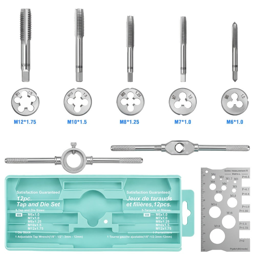 Tap and Die Set Metric, 12-Piece & 40-Piece M3-M12 Thread Plug Straight Taper with Pitch Calipers & Wrench