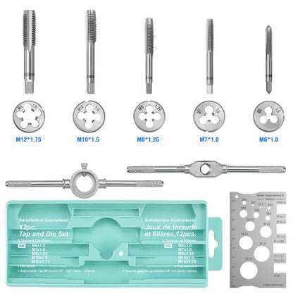 Tap and Die Set Metric, 12-Piece & 40-Piece M3-M12 Thread Plug Straight Taper with Pitch Calipers & Wrench