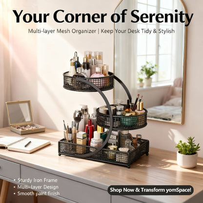 Three-Tier Metal Makeup Organizer with Round Baskets, Tissue Holder and White Iron Frame Design