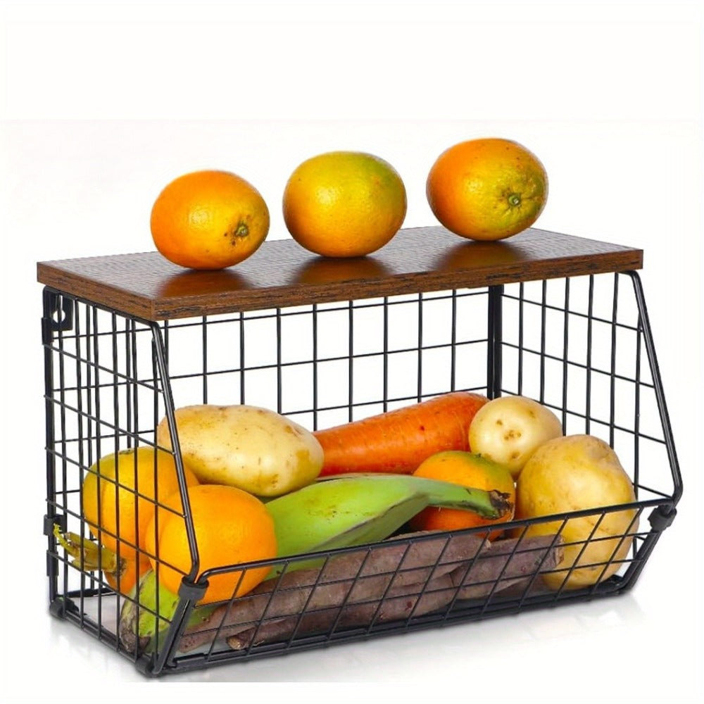 Wall-Mounted Fruit Basket with Wooden Cover – 2-Tier Metal Kitchen Storage Basket with Hooks, Stackable Hanging Organizer for Potatoes