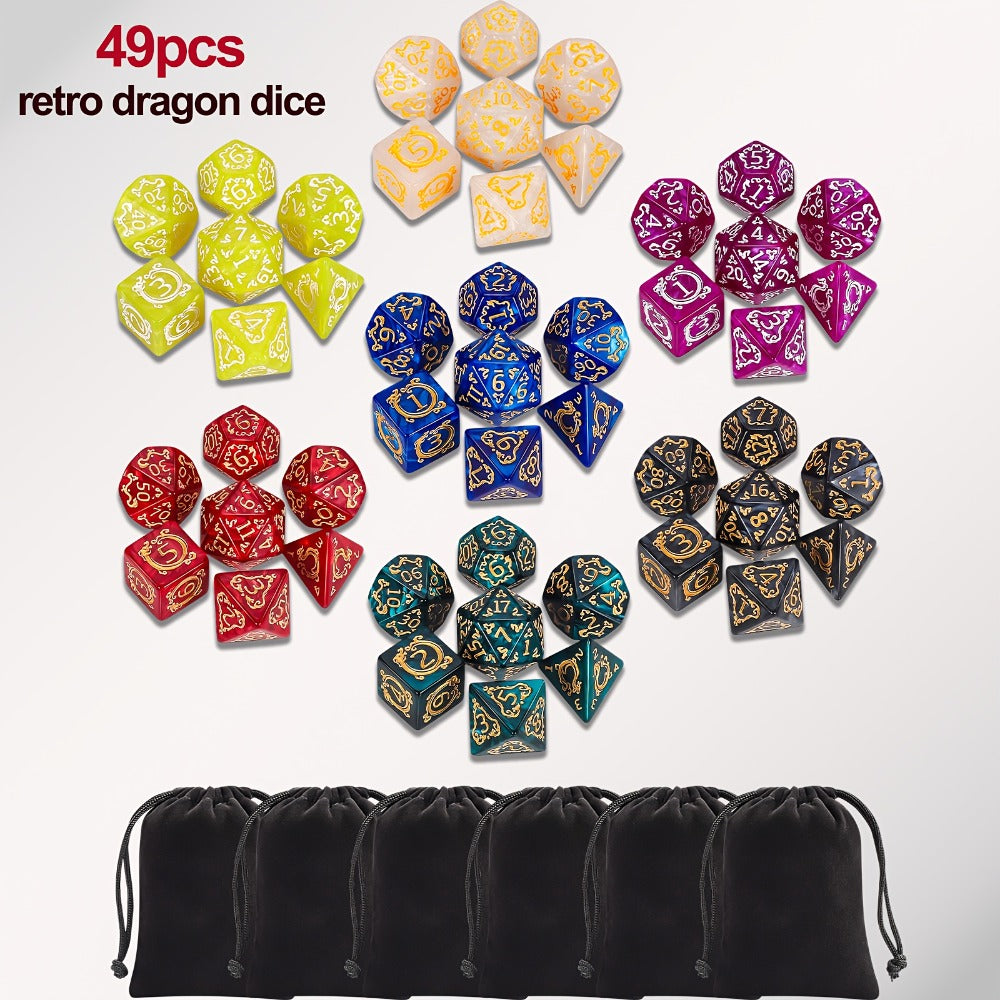 DnD Dice Set 49pcs Dragon Pattern Polyhedral Dice 7 Sets with Pouches with the Listed Color, Size or Set Options for Everyday Use