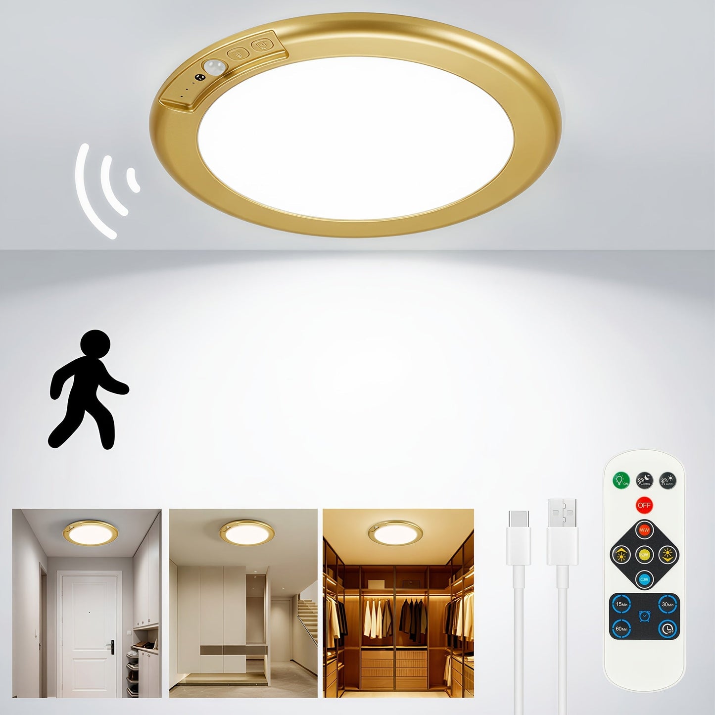 Rechargeable LED Ceiling Light with Motion Sensor, Remote Control Dimmable, 3 Color Temps 3000K/4500K/6500K