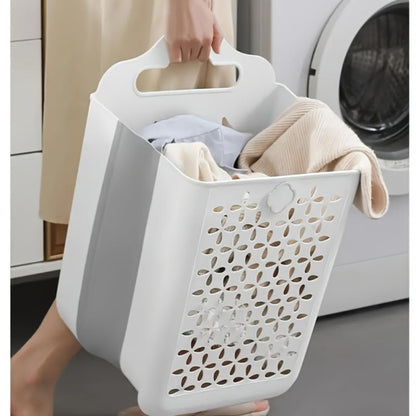 White Wall-Mounted Foldable Laundry Basket with Cutout Panels, Carry Handle and 39 cm Height