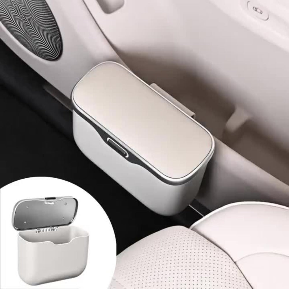 Slim Beige Car Trash Bin with Push Lid, Snap-On Mount, 17.1 cm Width and Included Liner Bags