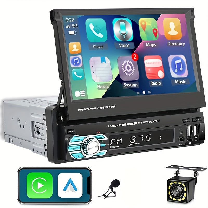 Single Din Car Stereo 7 Inch Flip Out Touchscreen – Wireless CarPlay & Android Auto, 1080P HD, FM Radio, SWC, Voice Control, USB/Type-C/AUX