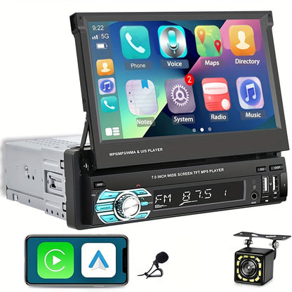 Single Din Car Stereo 7 Inch Flip Out Touchscreen – Wireless CarPlay & Android Auto, 1080P HD, FM Radio, SWC, Voice Control, USB/Type-C/AUX