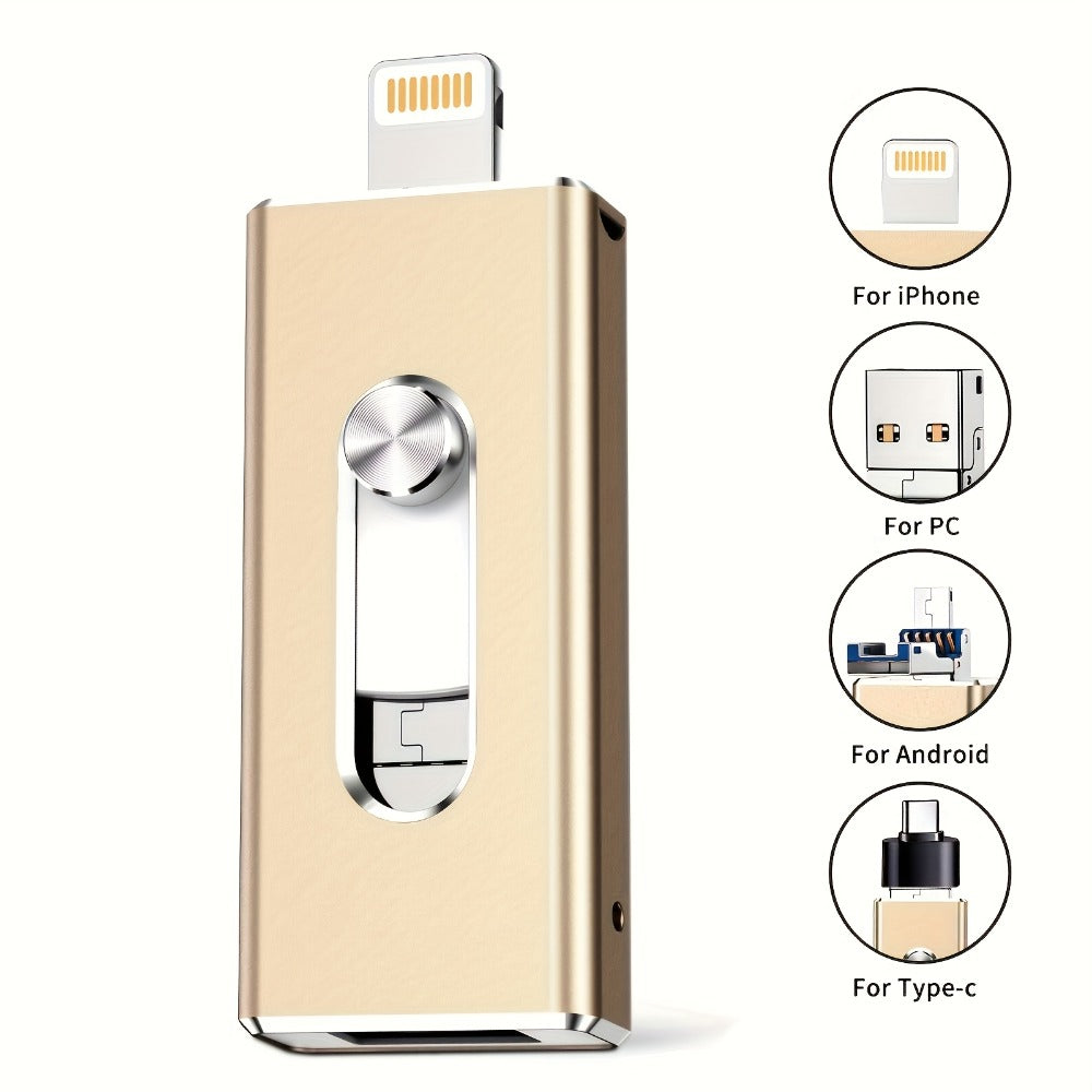USB Flash Drive 64GB Compact Aluminum-Alloy Four-Connector Memory Stick in Black or Gold Color Options