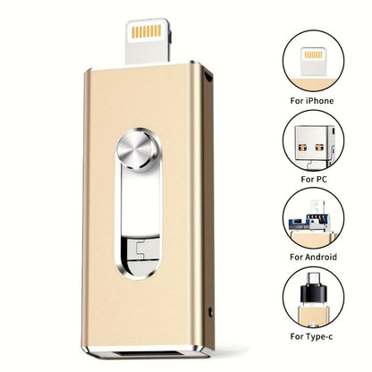 USB Flash Drive 64GB Compact Aluminum-Alloy Four-Connector Memory Stick in Black or Gold Color Options
