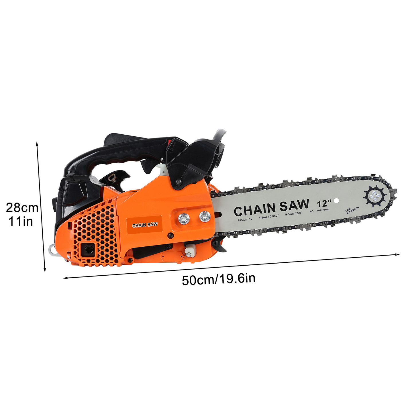 Compact 25.4CC Gas Chainsaw with 12-Inch Guide Bar and Orange Two-Stroke Engine Housing Design