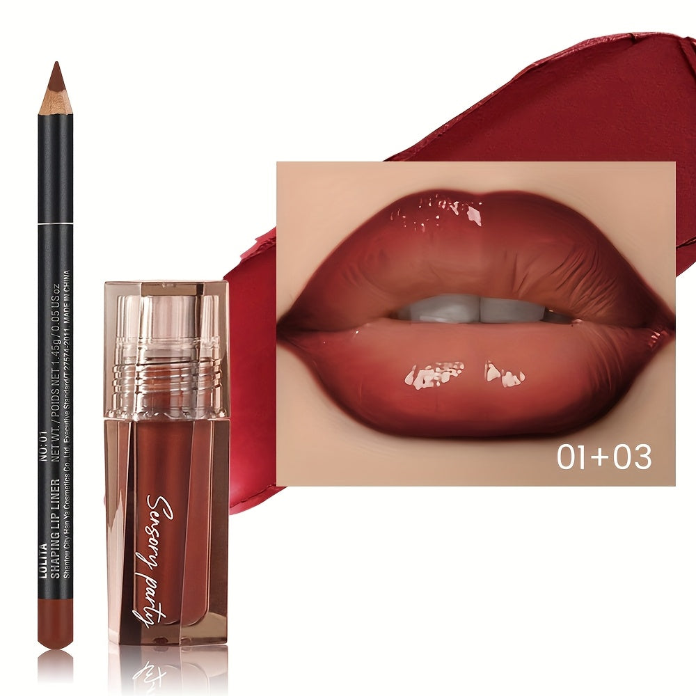 Lip Gloss Lip Liner Set Hydrating Water-Gloss Dewy Finish – 3D Precision Contour Matte Liner, for Makeup, Travel and Everyday Vanity Use
