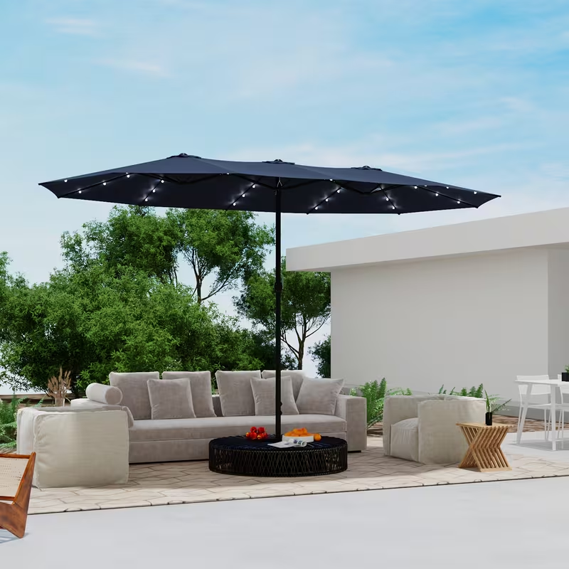 Patio Umbrella 15x9FT Double-Sided Rectangle with Optional 36 LEDs, 12-Rib Frame and Eight Color-Light Options