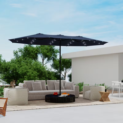Patio Umbrella 15x9FT Double-Sided Rectangle with Optional 36 LEDs, 12-Rib Frame and Eight Color-Light Options
