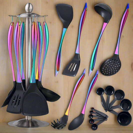 Silicone Cooking Utensils Set 17 Piece Rainbow Titanium with Rotating Holder – Heat Resistant Non-Stick Spatulas