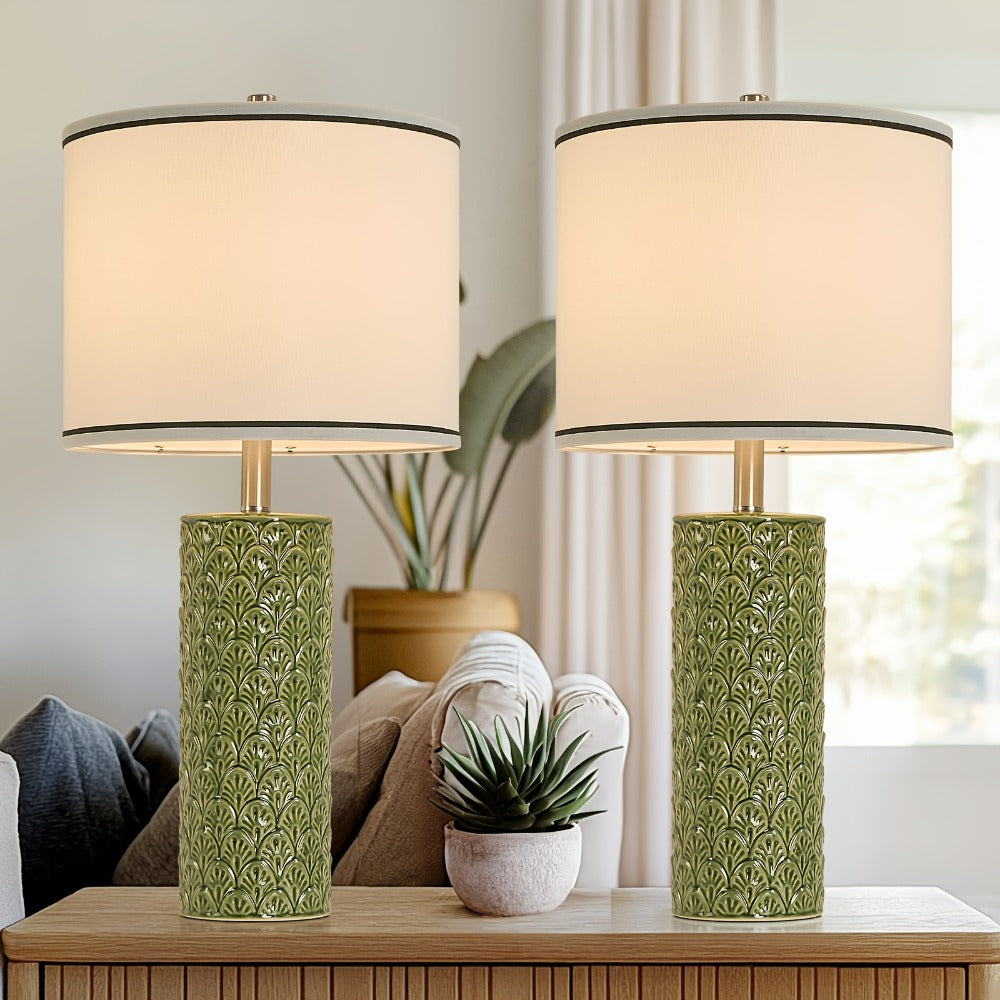 Table Lamp with Ceramic Textured Base, Drum Shade, 9W LED Bulb, Five Colors and Three Color Temperatures