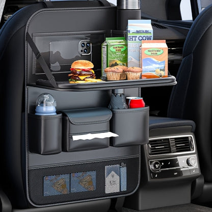 Seatback Car Organizer with Fold-Down Tray, Cup Recesses, Tissue Opening and One- or Two-Piece Packs