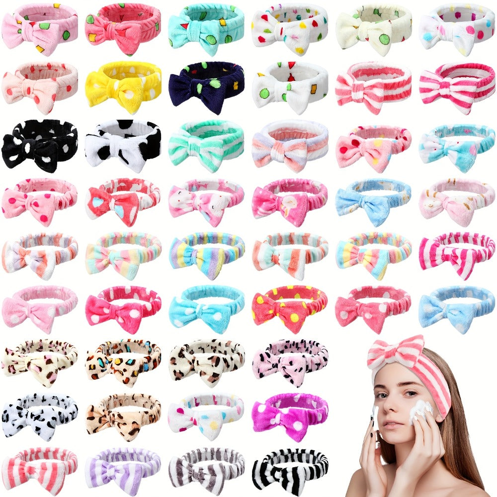 Spa Headbands for Women 48 Pack Fluffy Plush Bow Hair Band – Novel Pattern Mixed Color Bulk Set for Face Washing Makeup Shower Skincare