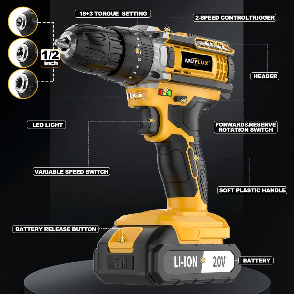 20V Cordless Drill Set Impact Power Drill 3/8 Inch Keyless Chuck 18+3 Clutch 45Nm Max Torque for Entryways, Bedrooms and Living Spaces