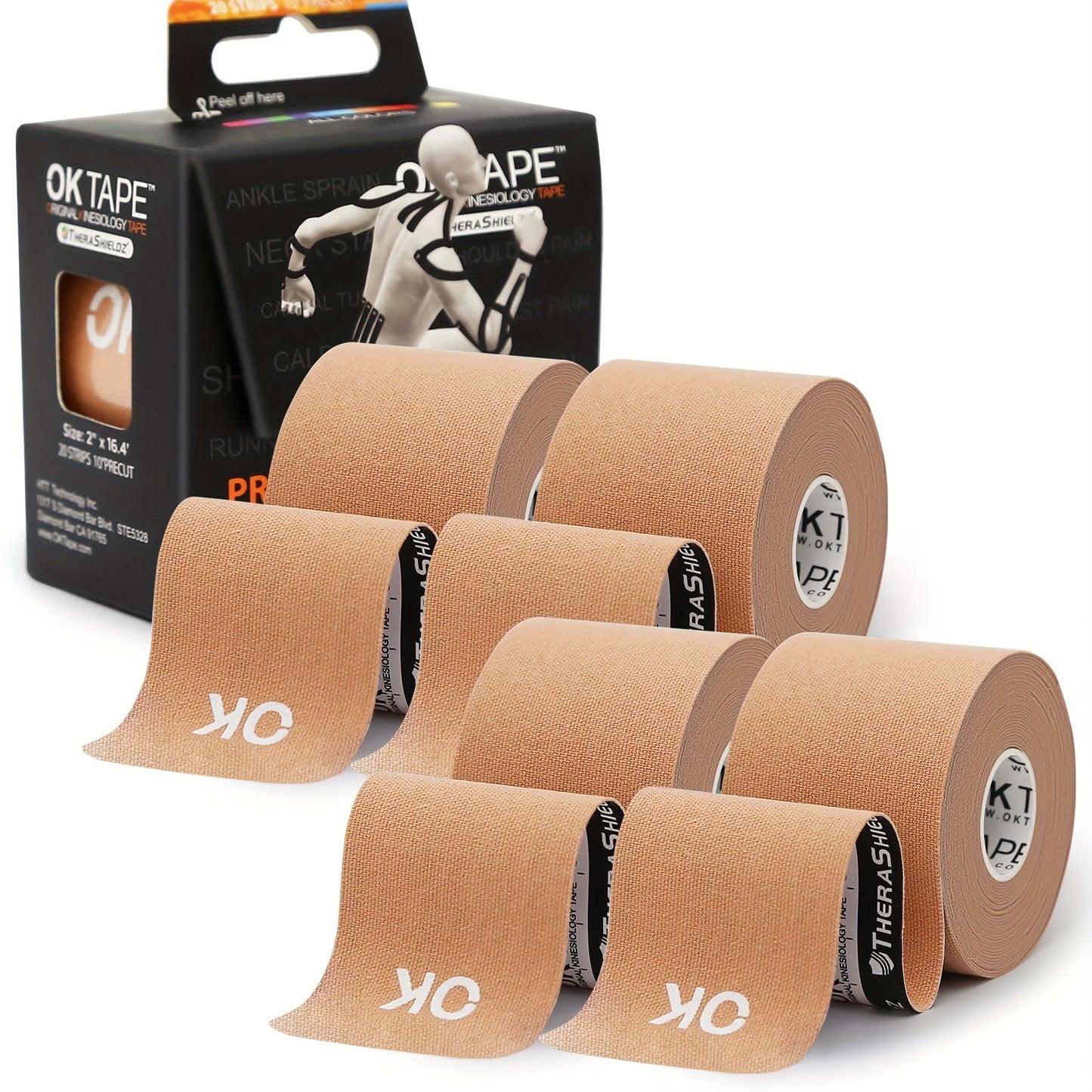 Kinesiology Tape 4 Rolls Precut 20 Strips, Cotton Elastic Athletic Tape Latex Free 2in x 16ft for Knee Shoulder Muscle Support Sports
