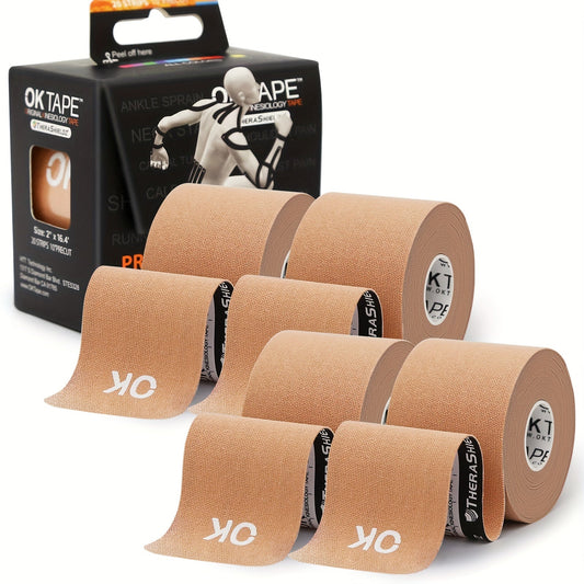 Kinesiology Tape 4 Rolls Precut 20 Strips, Cotton Elastic Athletic Tape Latex Free 2in x 16ft for Knee Shoulder Muscle Support Sports