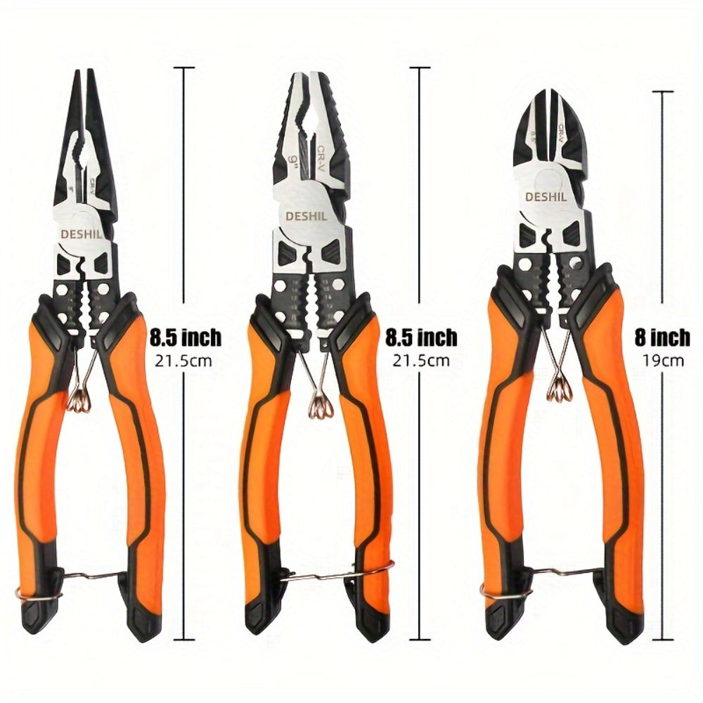 Pliers Set 9-in-1 Multi-Function Industrial Grade, 8.5" Lineman Pliers, 8.5" Long Nose Pliers, 8" Diagonal Side Cutters