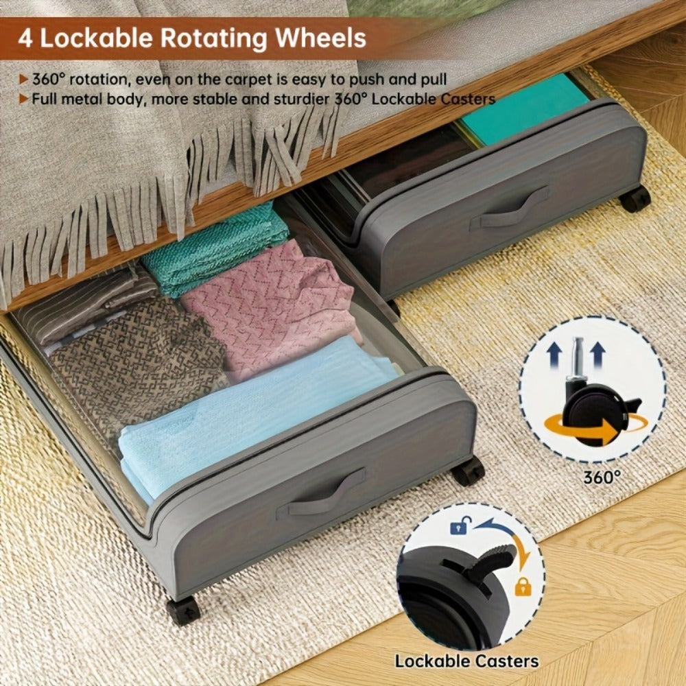 Under Bed Storage Organizer with Wheels & Lid – Metal Rolling Bins for Clothes Bedding Shoes Blankets Books (2pcs)