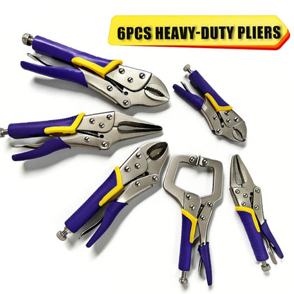 Locking Pliers Set 6pcs Heavy Duty, Includes Needle Nose Pliers 6.5" & 9.5", Curved Jaw Locking Pliers 5" 7" 10"