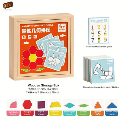 Magnetic Wooden Puzzle Blocks 128 180 220 Piece Set, Geometric Figures Cognitive Learning STEM Toy for Kids