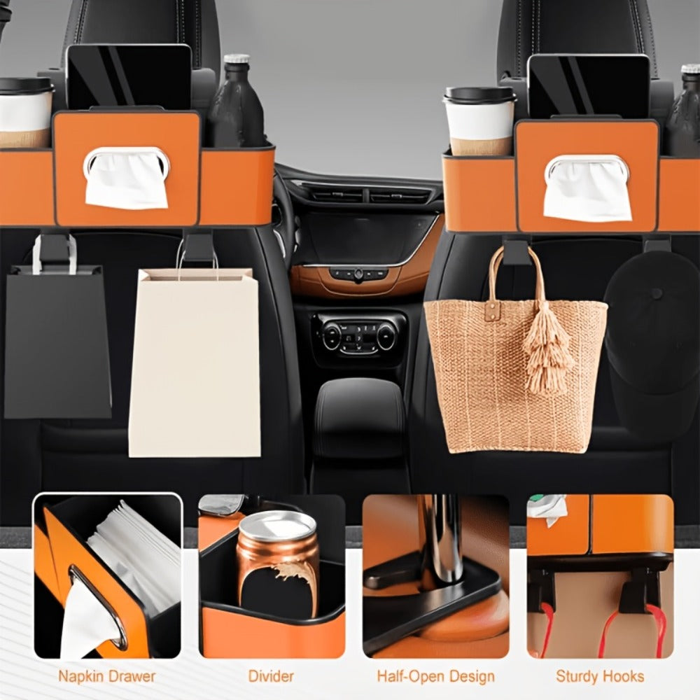 Car Backseat Organizer 8-in-1 – 2-Pack Multi-Function Hanging Storage with Cup Holders & Napkin Drawer, Large Capacity Back Seat Organizer