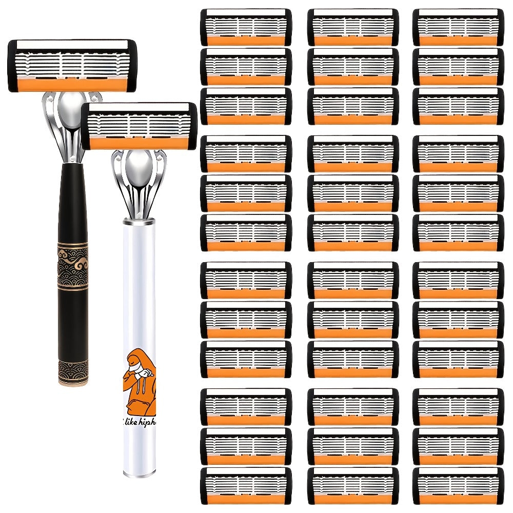 6-Layer Blade Men's Razor Set with Lubricating Strip 2 Handles & 36 or 72 Replacement Blades – Smooth Close Shave Contour-Fitting Ergonomic