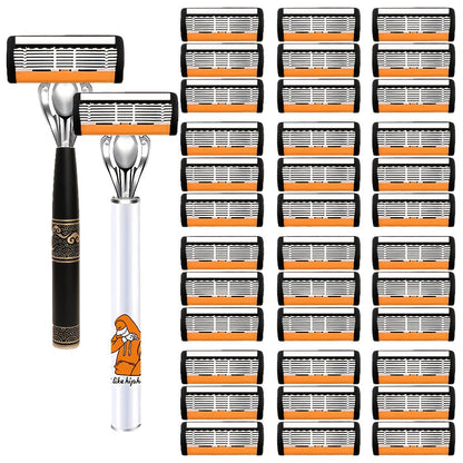 6-Layer Blade Men's Razor Set with Lubricating Strip 2 Handles & 36 or 72 Replacement Blades – Smooth Close Shave Contour-Fitting Ergonomic