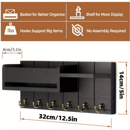 Wall Mounted Storage Rack with Mail Slot – Rustic Wood Floating Shelf with Hooks for Keys, Hats & Envelopes