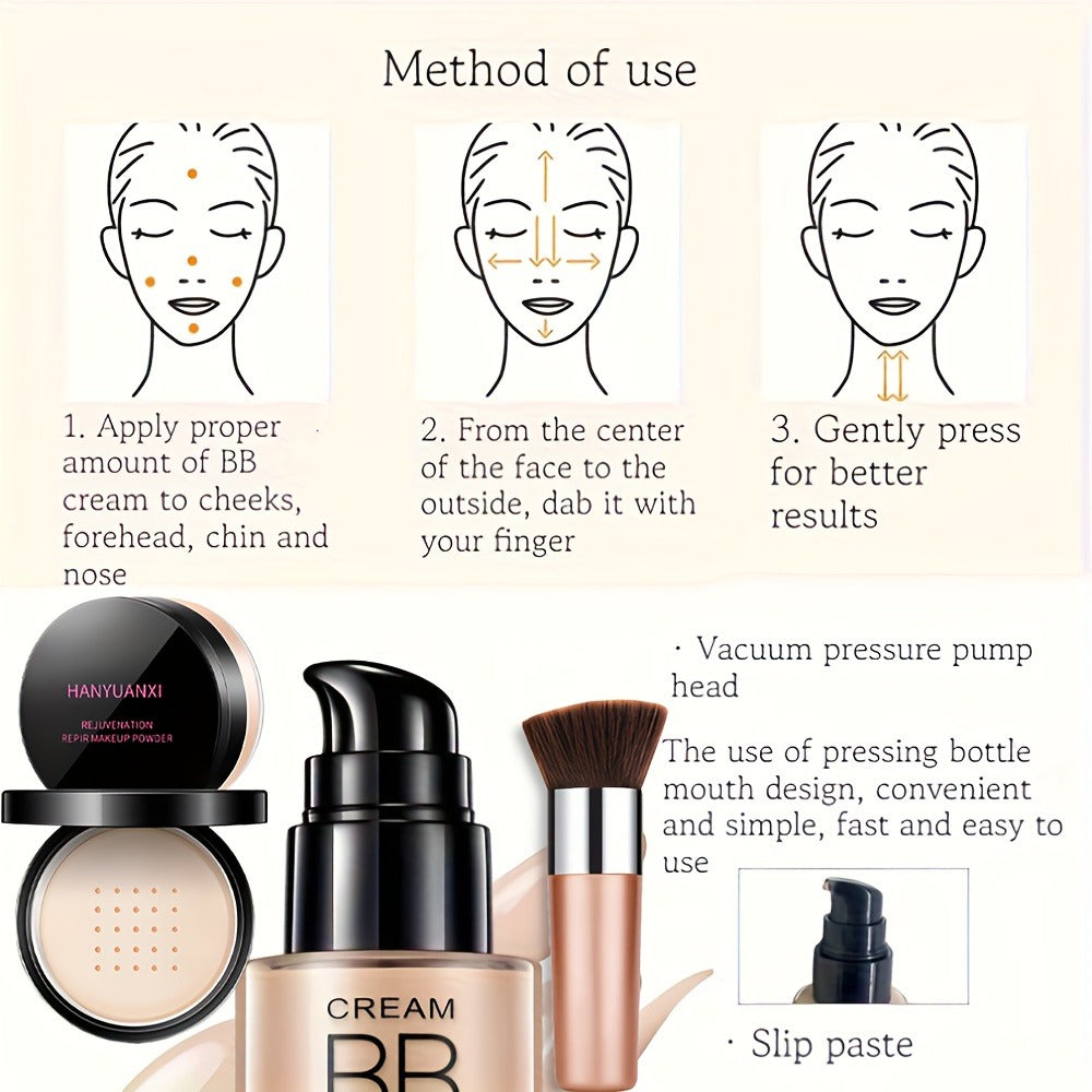 BB Cream Makeup Kit with Loose Setting Powder Brush & Sponge – Full Coverage Waterproof Long-Lasting Hydrating Foundation Set for All Skin