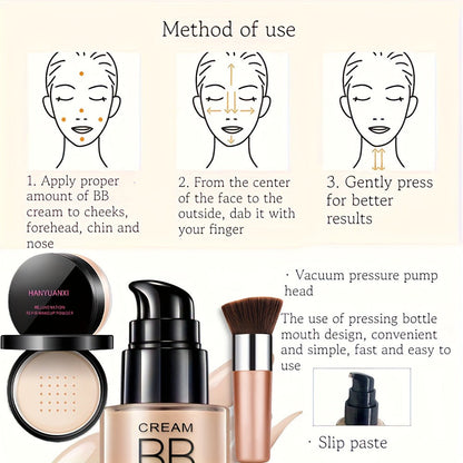 BB Cream Makeup Kit with Loose Setting Powder Brush & Sponge – Full Coverage Waterproof Long-Lasting Hydrating Foundation Set for All Skin