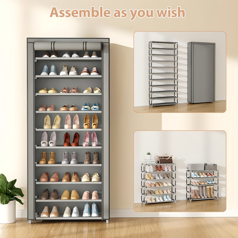 Shoe Rack with Dust Cover, 6/8/10 Tier High- Space Saving Shoe Organizer, Easy Assembly, 12mm Pipe