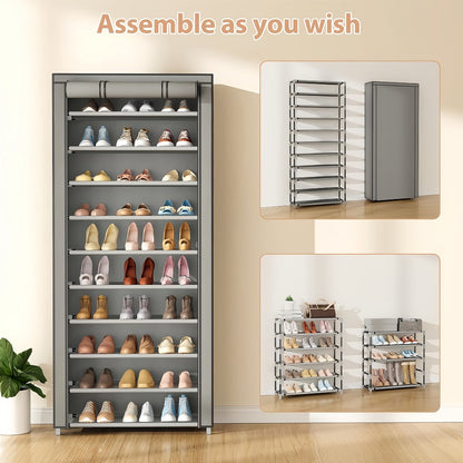 Shoe Rack with Dust Cover, 6/8/10 Tier High- Space Saving Shoe Organizer, Easy Assembly, 12mm Pipe