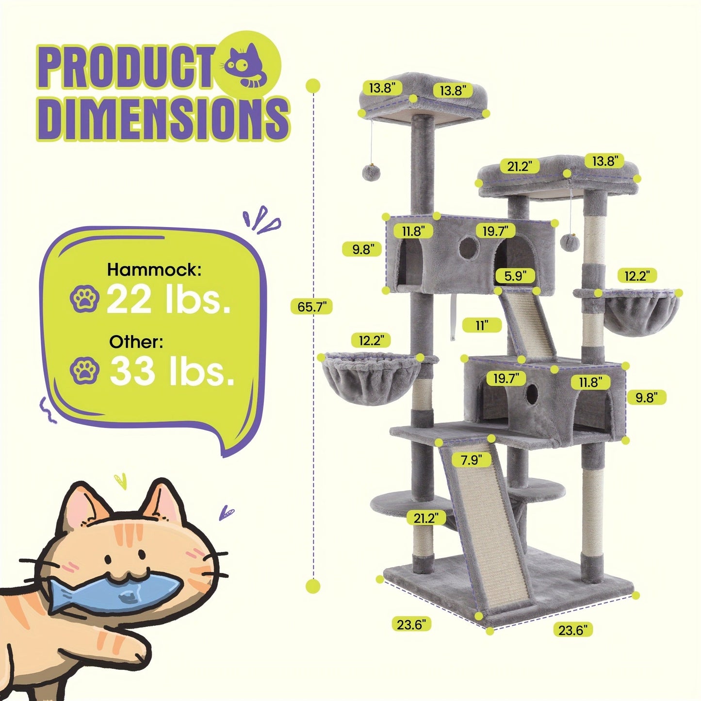 Multi-Level Cat Tree in 36-, 65-, 68- or 81-Inch Heights with Perches, Condo, Hammock and 30 Color, Pattern or Layout Options