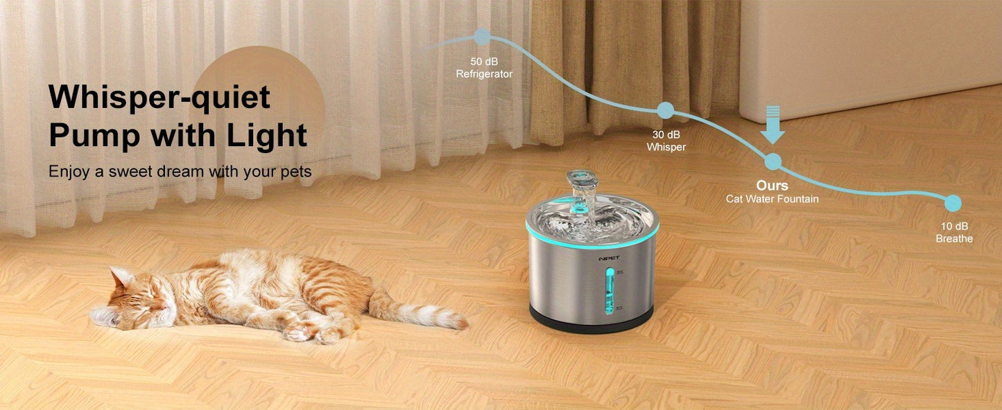 Cat Water Fountain Stainless Steel 50oz/1.5L – Ultra Quiet Auto Pet Water Dispenser with LED Light, Visible Window & Dishwasher Safe