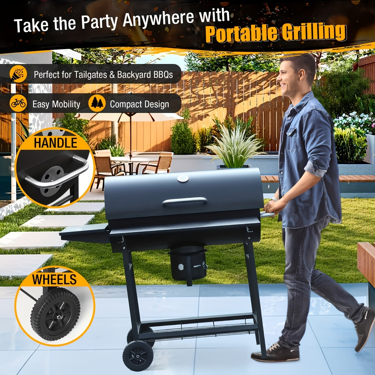 Barrel Charcoal Grill with Offset Smoker, Wheeled Cart, Side Firebox and Two Black Configuration Options