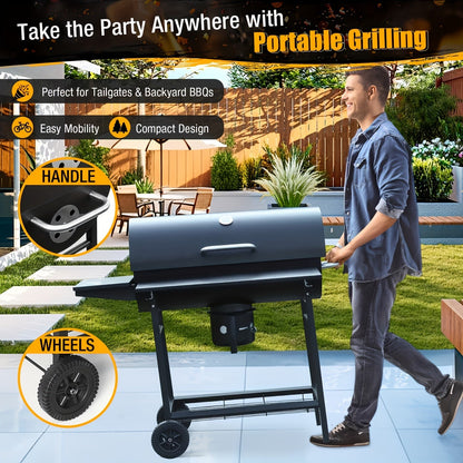 Barrel Charcoal Grill with Offset Smoker, Wheeled Cart, Side Firebox and Two Black Configuration Options