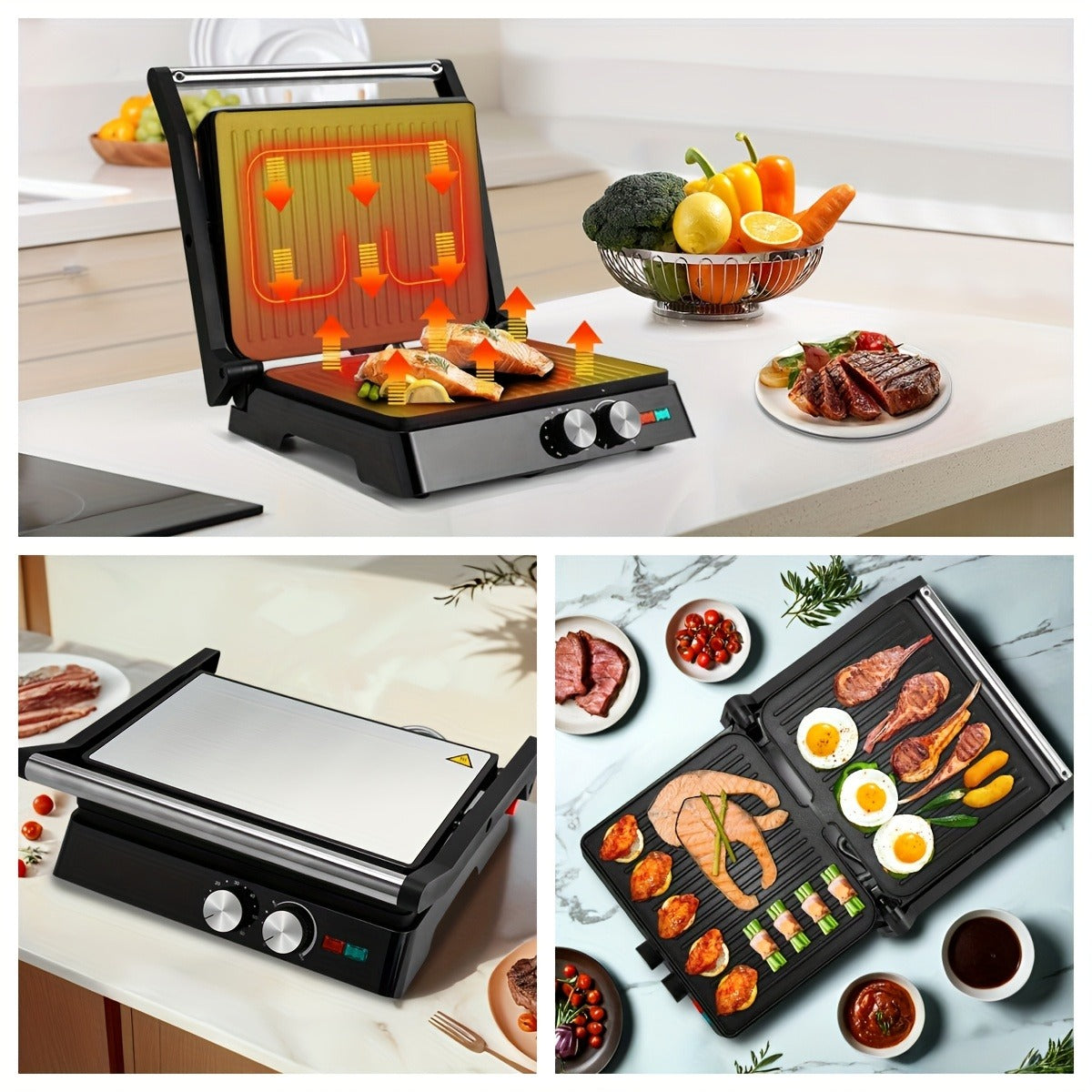 Sandwich Maker 3-in-1 Mini Indoor Grill & Panini Press, Non-Stick 180° Opening, Floating Hinge, 60-Min Timer