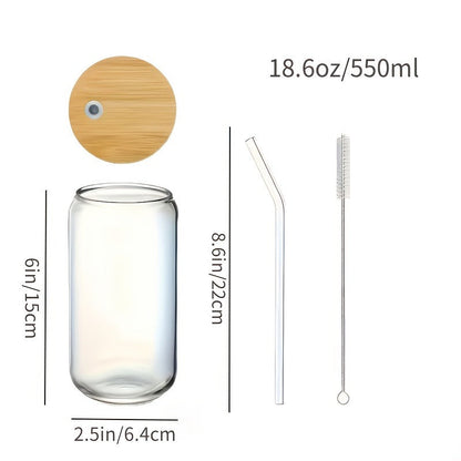 Drinking Glasses Set with Lid and Straw 550ml Oval Glass Cups 4 or 6 Piece, for Home Cooking, Dining and Outdoor Meals