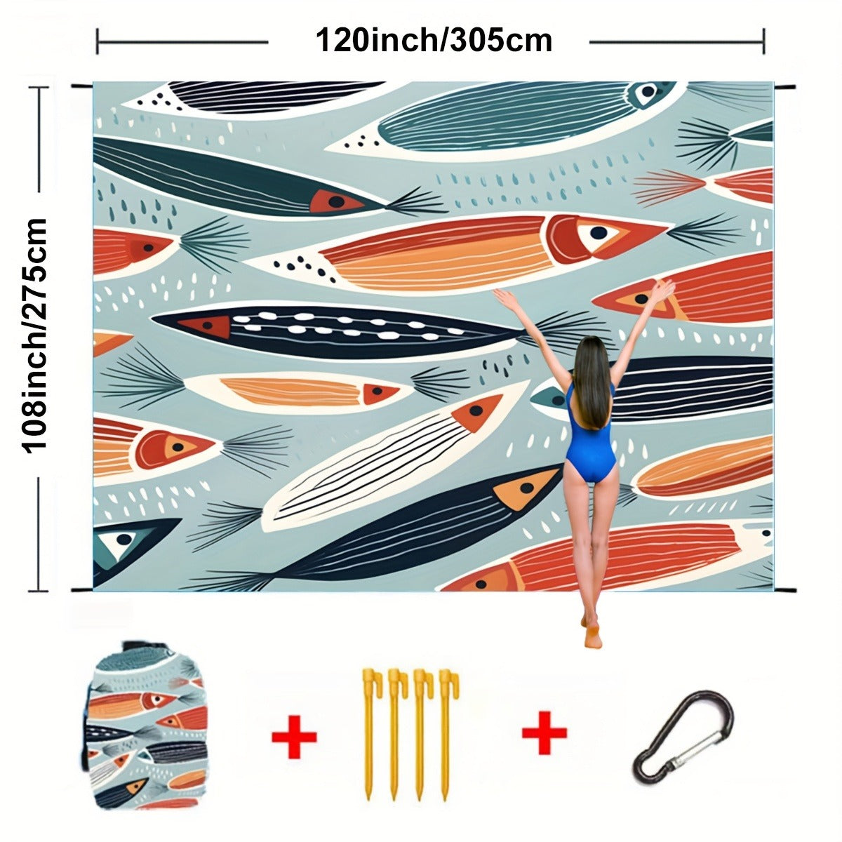 Printed Beach Mat with 19 Exact Size-and-Pattern Options, 198 x 205cm to 275 x 305cm with Stakes and Pouch
