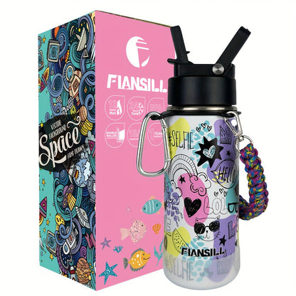 FIANSILL 16oz Stainless Steel Water Bottle with Flip-Up Straw Lid, Wrist Strap, Carabiner and Eight Prints
